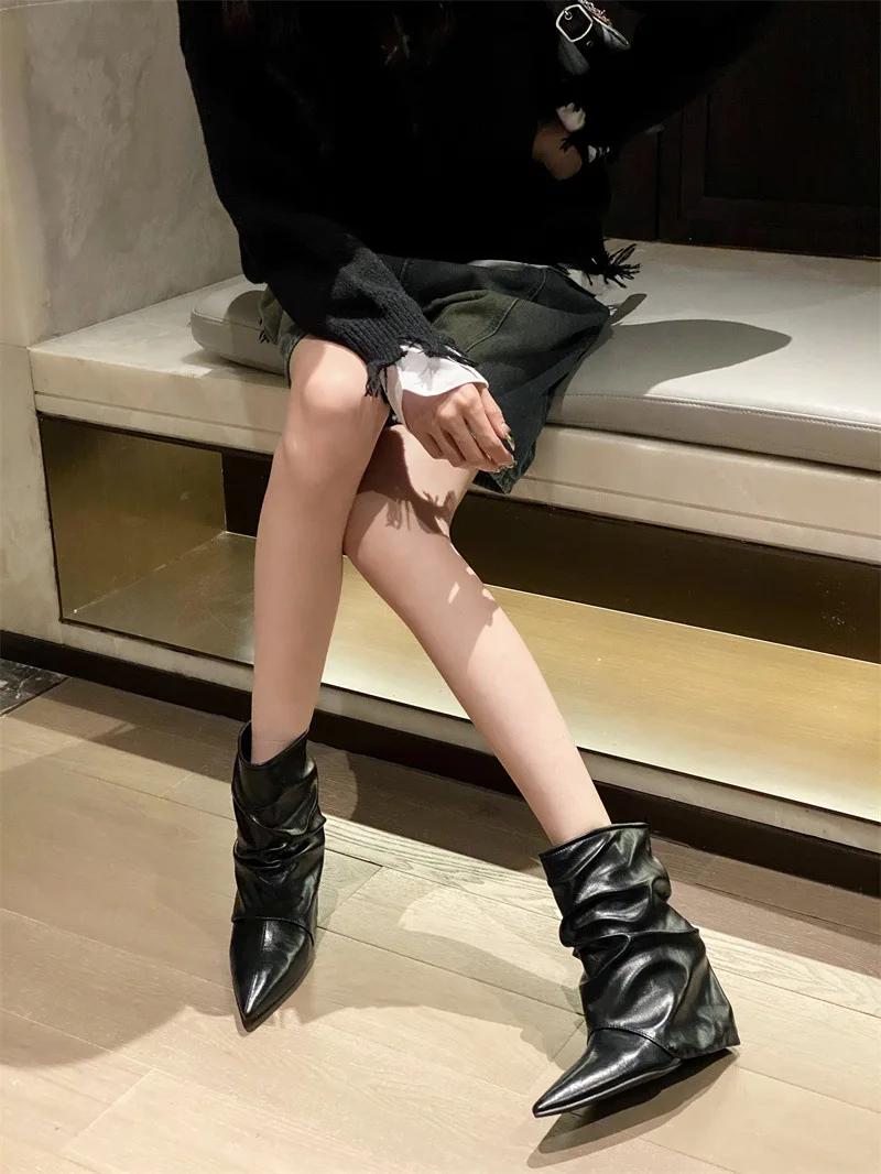 

Fashion 2025 Autumn Winter Pleated Pointed Toe Women Ankle Boot Wedges High Heels Banquet Prom Street Style Female ShoesEilyken 42