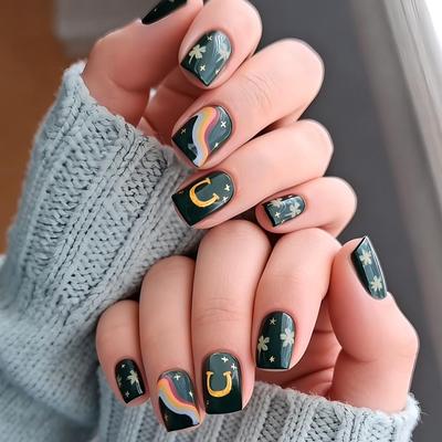 Shiny Green Four-Leaf Clover Striped Square Nails - 24 Detachable Pieces for St. Patrick's Day