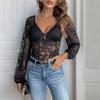 Women Sexy Retro Lace Patchwork V Neck Solid Color Long Sleeve Shapewear Bodysuit