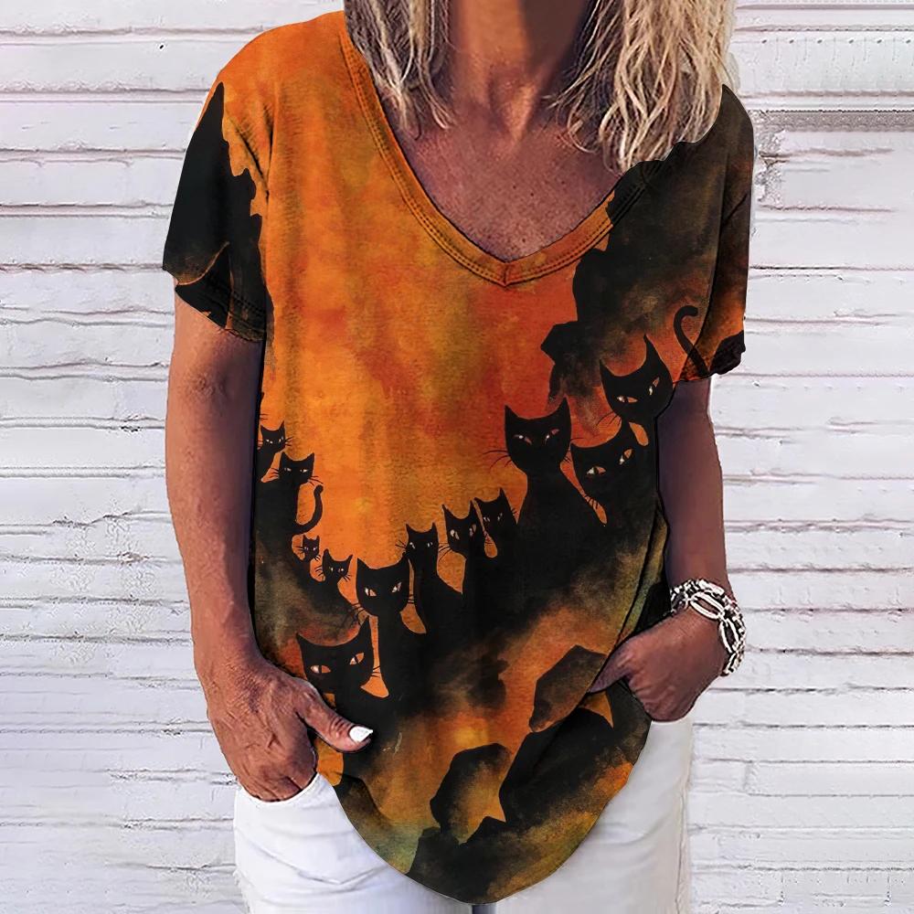 Women's T-shirt 3D Fashionable Cat Print V-neck Short Sleeved Basic Top Street Wear Summer Casual Loose Fitting Women's Clothing