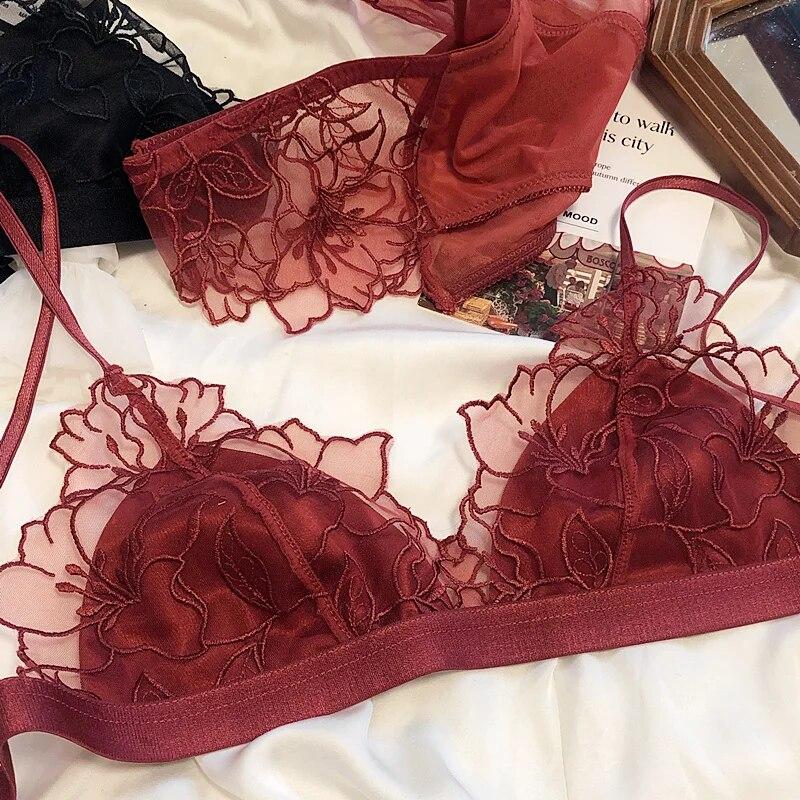 Französisches Damen-Unterwäsche-Set, sexy, ultradünnes BH-Set, Spitze, Stickerei, Bralette, Komfort, Dreieck-Cup-BHs, atmungsaktive Mesh-Dessous