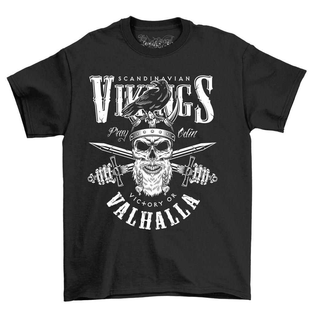 Vikings Valhalla Crow Bearded Skull T-Shirt Mens Womens Tees Top - Funny Norse Warrior Attire for Bra