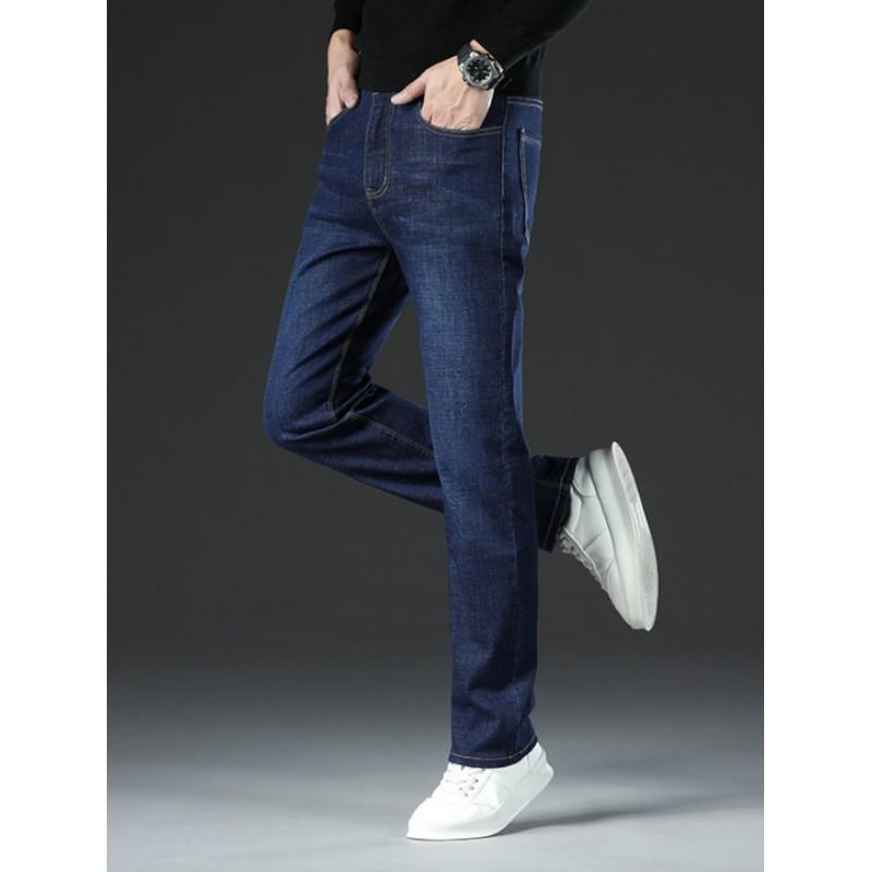 Men Autumn Winter Plus Size Thickened Warm Pants Fleece Jeans Business Casual Slim Straight Denim Trousers