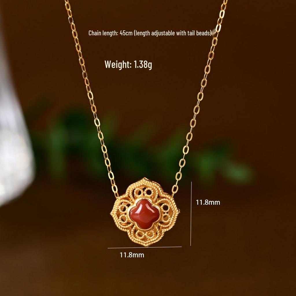 S925 Sterling Silver Turquoise Four-Leaf Clover Necklace with Chinese Window Lattice Clavicle Chain - Fashionable and Versatile X142