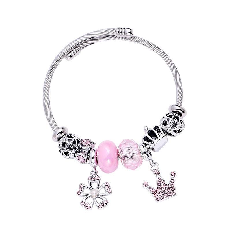 Ladies Hollow Five Petal Flower Bracelet With Diamond Crown Pendant Stainless Steel Bangle Jewelry