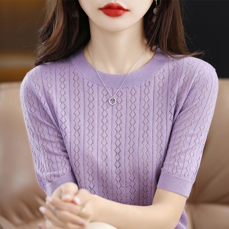 Ice Silk Short Sleeved T-shirt Women's Summer Round Neck Hollow Out Loose and Versatile Knitted Half Sleeved Base Shirt Top