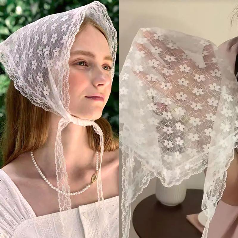 Vintage Koreanischer Dreieckiger Blumen-Haarschal für Damen Schal Stirnband Französische Pastorale Kopfbedeckung Mädchen Frühling Sommer Spitze Kopfschmuck