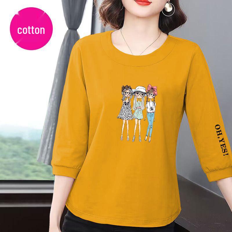 Women's Slimming Cotton Seven-Sleeve T-Shirt - Summer 2025 Korean Style, Loose & Versatile