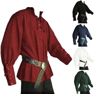 Opstaande Kraag Lange Mouw Heren Shirt Bandage Effen Kleur Halloween Ridder Shirt Middeleeuwse Kleding Cosplay Kostuum