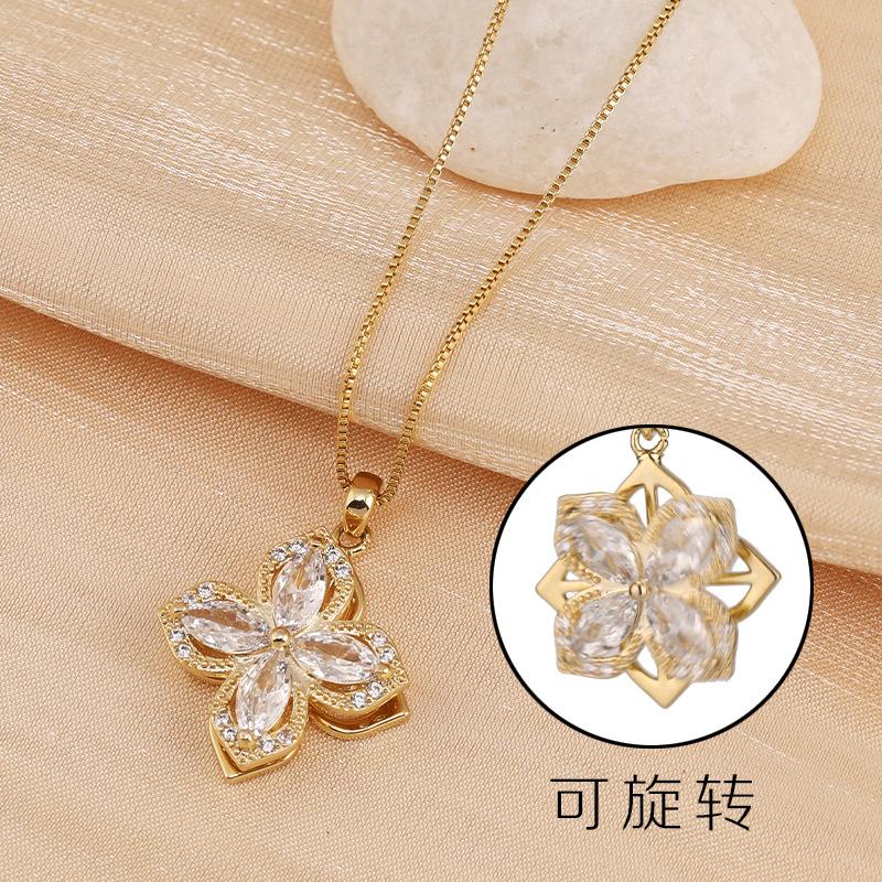 Fresh Four-Leaf Flower Rotating Zircon Necklace Female Titanium Steel Chain Fashionable Versatile Collarbone Chain Trendy Female Neck Chain