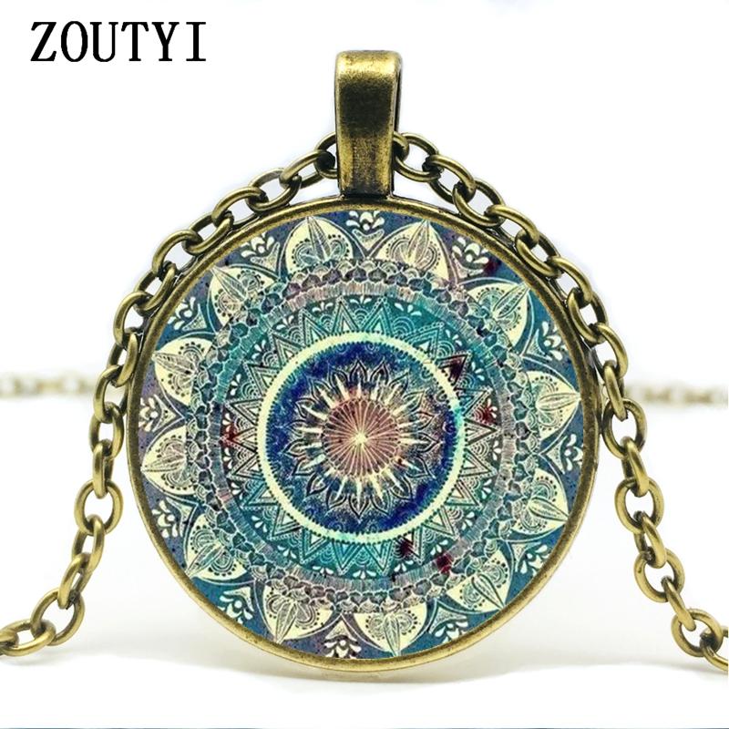 hot sale, vintage Buddhist chakra glass round pendant necklace, Om Indian yoga mandala wearing jewelry