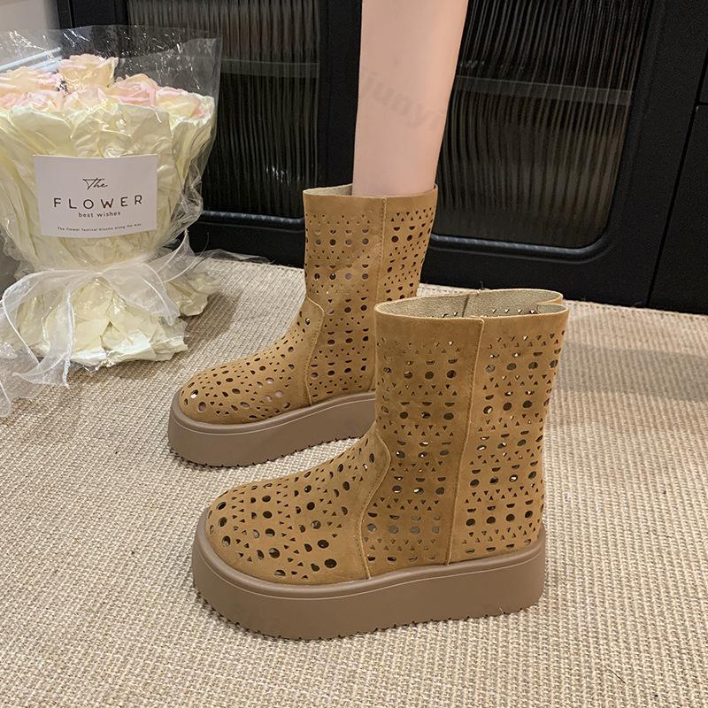 Women Short Boots 2026 New Summer Suede Vintage Hollow Out Women Ankle Boots Anti-slip Fashion Breathable Platform Female Boots