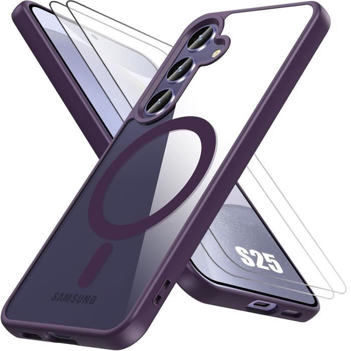 Coque + 2 Verres Trempés pour Samsung Galaxy S25, Protection avec Cercle Magnétique, Anti-trace Violet
