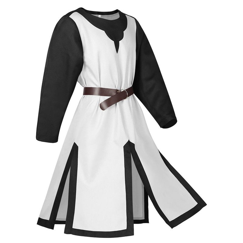 Amazon Foreign Trade Halloween Costume Wish Medieval Tunic Au8689 Slit Patchwork Men s Top White Bottom and Black Collar [Excluding Belt] L
