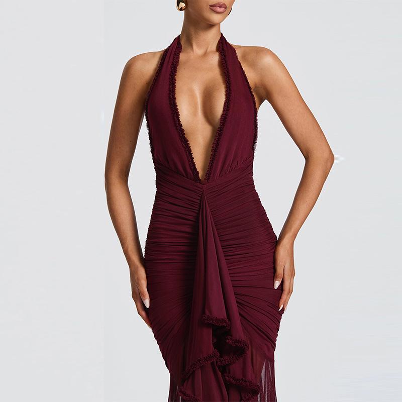 2026 European & American Mesh Patchwork Elegant V-Neck Halter Backless Hip-Hugging Maxi Dress