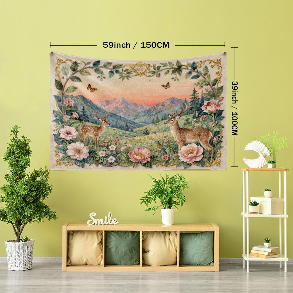 1pc Pastoral Style Floral Deer Landscape Natural Fresh Style Printed Tapestry Wall Hanging, Easy Artistic Bohemian Style Living Room Bedroom Home Deco