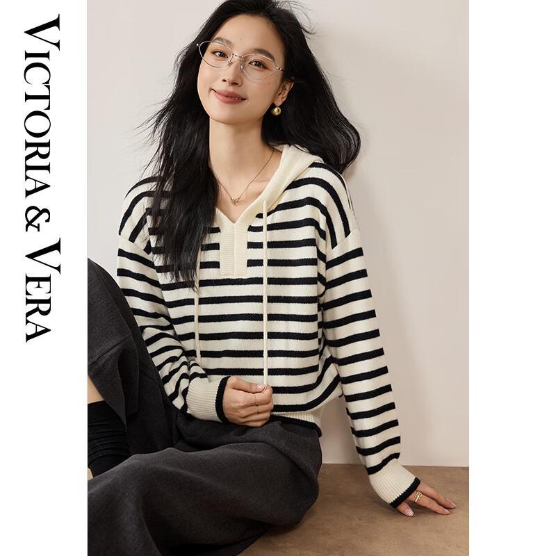 

VICTORIA&VERA Women s V-Neck Hooded Striped Knit Sweater M