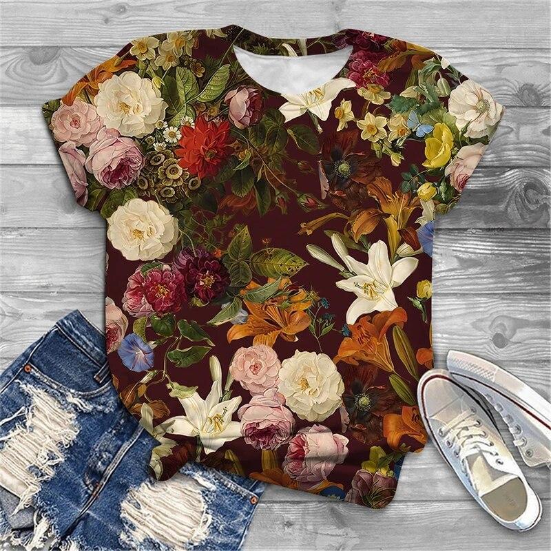 Summer New Women's Short Sleeve Top Pullover Fashion Y2K Casual Colorful Flowers 3D Print Flower Printed Crewneck T-Shirt