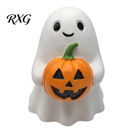 Hand Painted Resin Ghost Halloween Pumpkin Ornaments, Smiling Desktop Decorations for Home Portable Desk Figurine Office Party Decor, Cute Healing