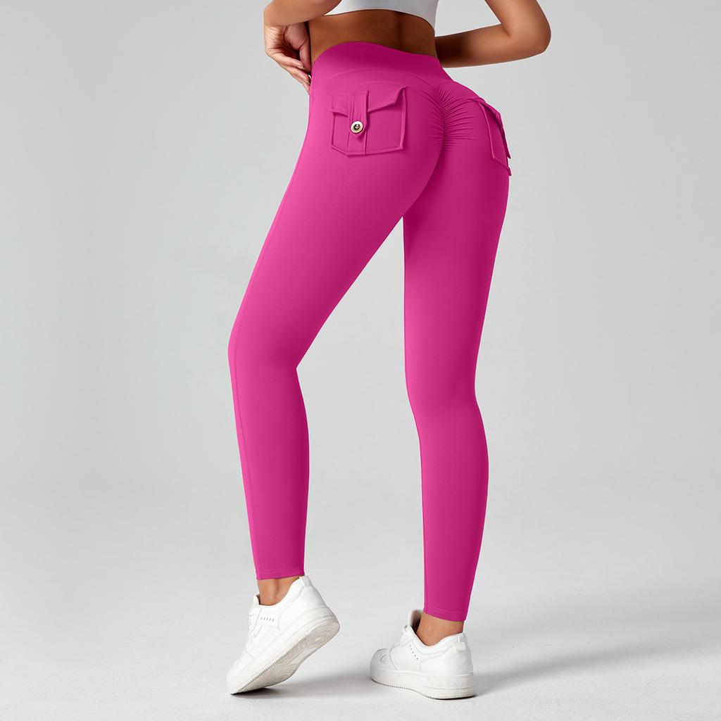 Fitness Leggings With Pocket Sports Yoga Pants Scrunch Buttons Peach Hips Workflow High Waist Running Gym Tights Women