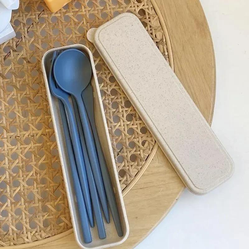 Household Fashion Tableware 4PCS/Set Cutlery Wheat Straw Spoon Fork Chopsticks Box Tableware Portable Dinnerware Accessories