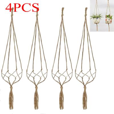 4 Stück Makramee Jute Pflanzenaufhänger Blumentopfhalter Wandkunst Garten Hängeseil