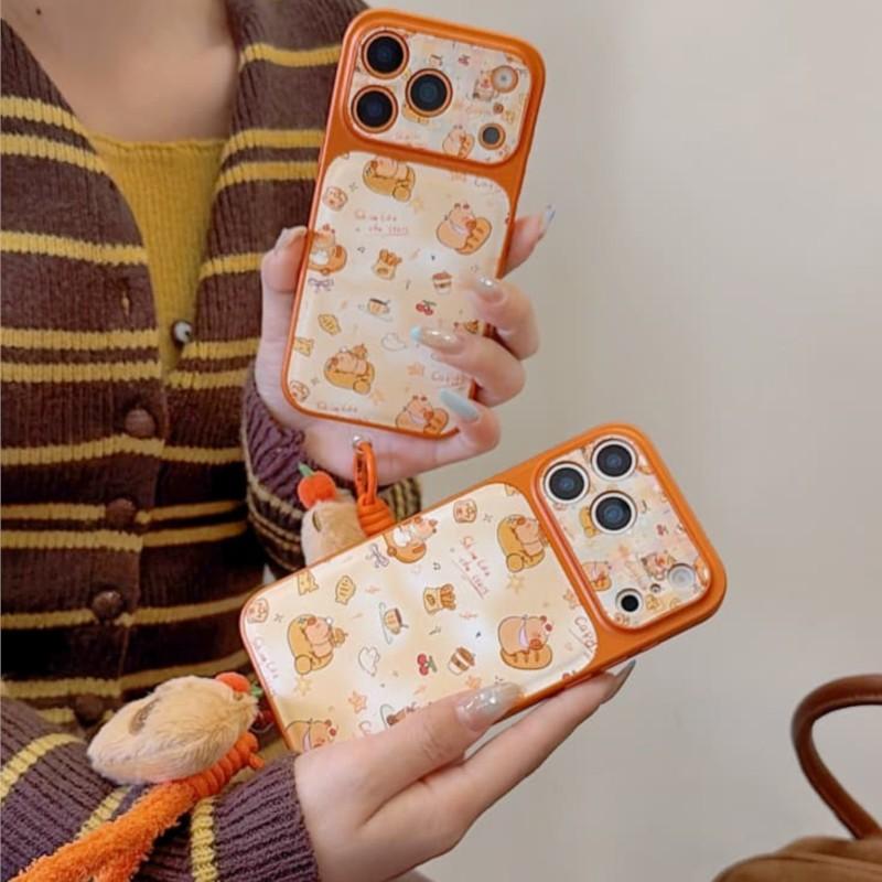 Cute Capybara Phone Case for 13 14 15 16 17 Pro Max Electroplated Leather Back With Plush Strap Soft Protective Cover