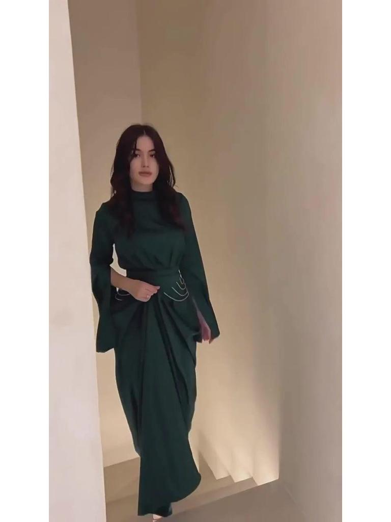 2024 Spring Semi-high Neck Satin Dress: European-American Court Style, Waist-Slimming, Long-Sleeved
