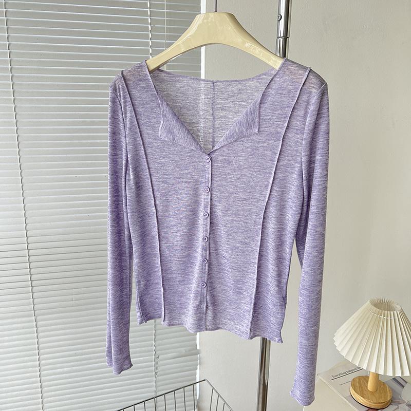 

Женский летний трикотажный топ с V-образным вырезом и длинными рукавами, защищающий от солнца Medium светло-фиолетовый