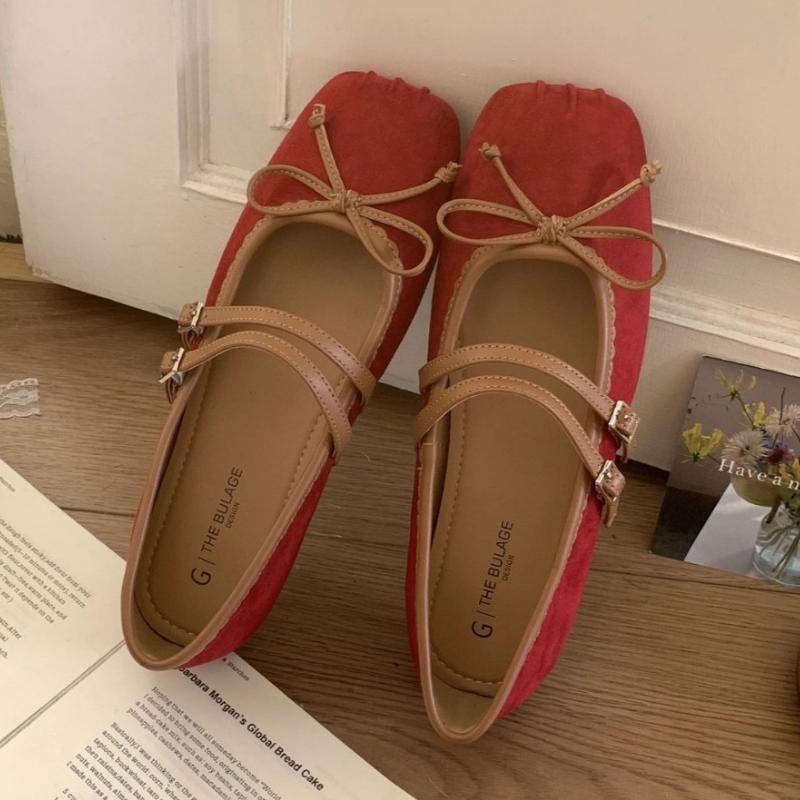 Retro Suede Square Toe Ballet Flats Women Fashion French Style Bow Belt Buckle Mary Jane Shoes Comfort Soft Sole Ballerinas Shoe