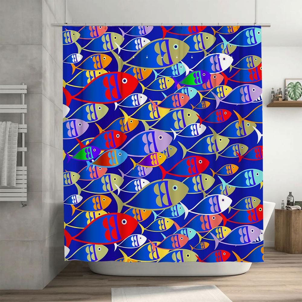 Colorful Fish Print Shower Curtain Creative Blue Background with Multiple Designs Bathroom Decor for Kids Adults