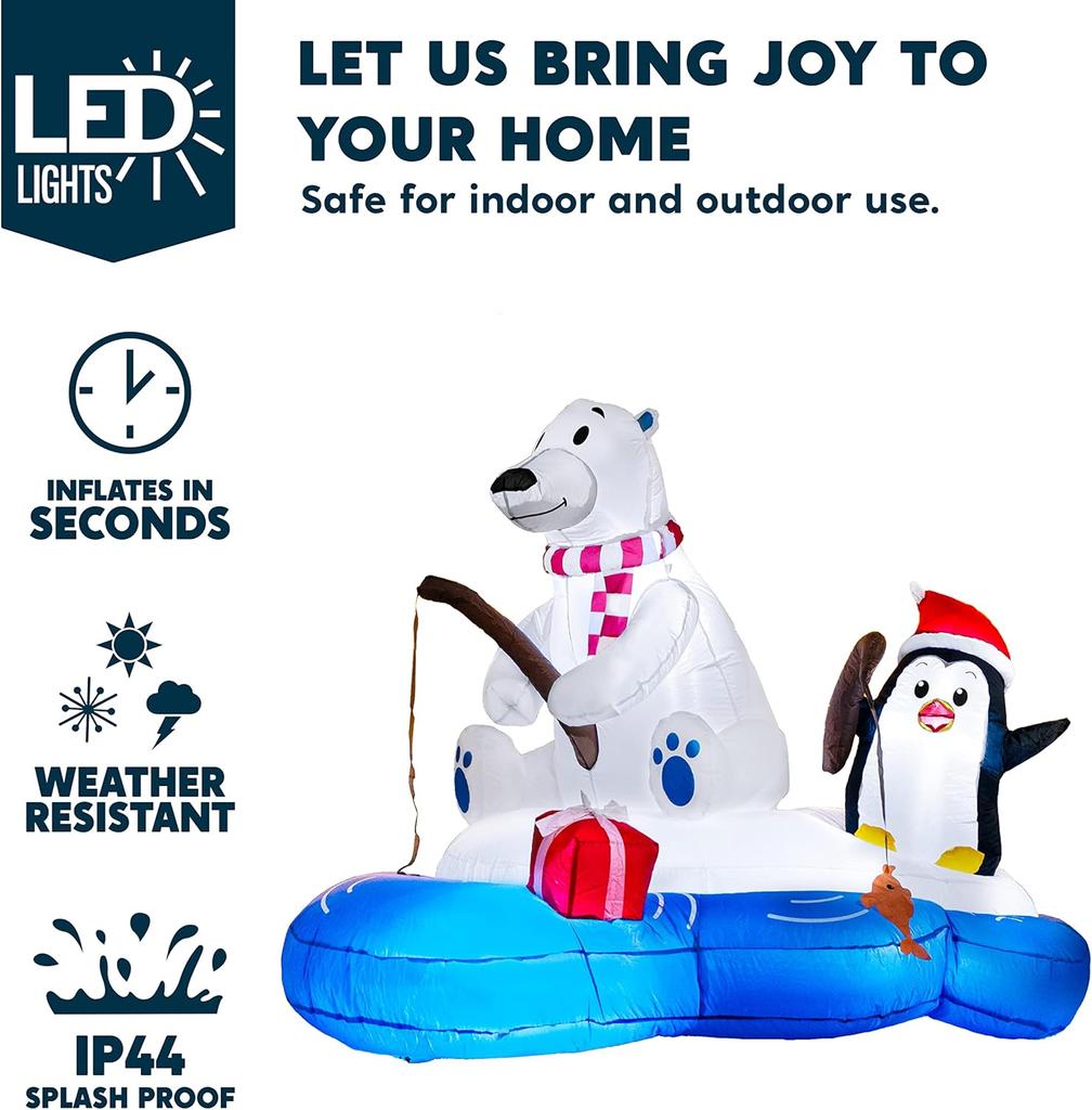 JOYFY 6 FT Long Christmas Inflatable Polar Bear Fishing with Penguin Decoration Blow Up Yard Decor Built-in LEDs for Christmas