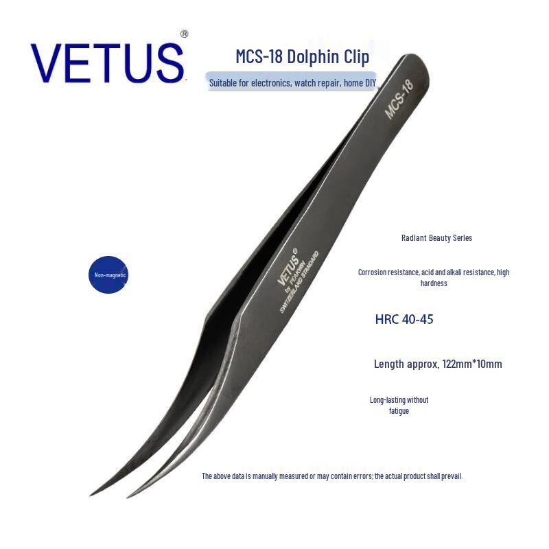 VETUS MCS-18 Black Dolphin Stainless Steel Makeup & Eyelash Tweezers - Acid & Corrosion Resistant.