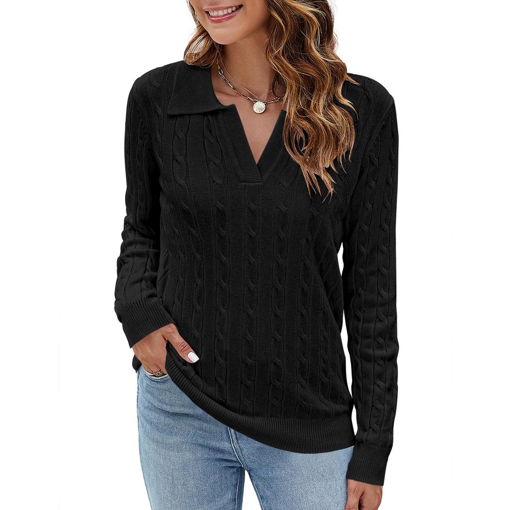 Women's Lapel Casual Soft Sweater Cable Knit Pullover