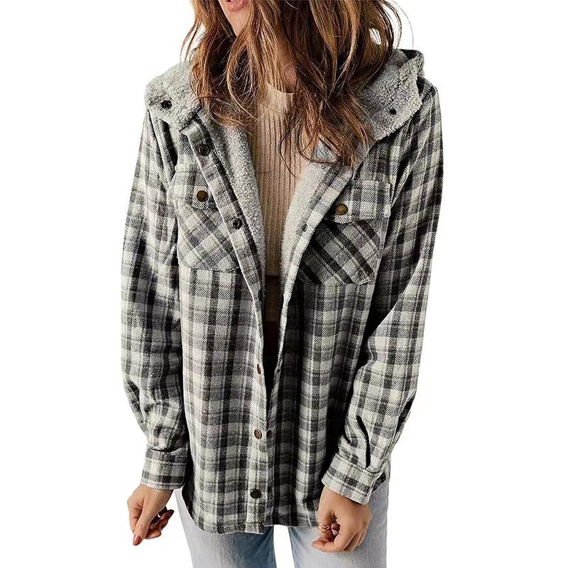 Dames Winter Casual Plaid Capuchon Tweed Jas Verdikte Gewatteerde Warme Jas Lamswollen Voering