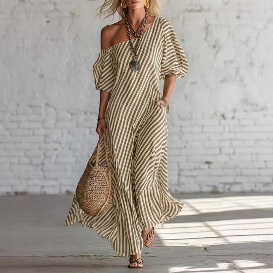 Damen Gestreiftes Off-Shoulder Maxikleid Kurzarm Lässig Party Cocktailkleid Sommer Strandurlaub Fließendes Kleid