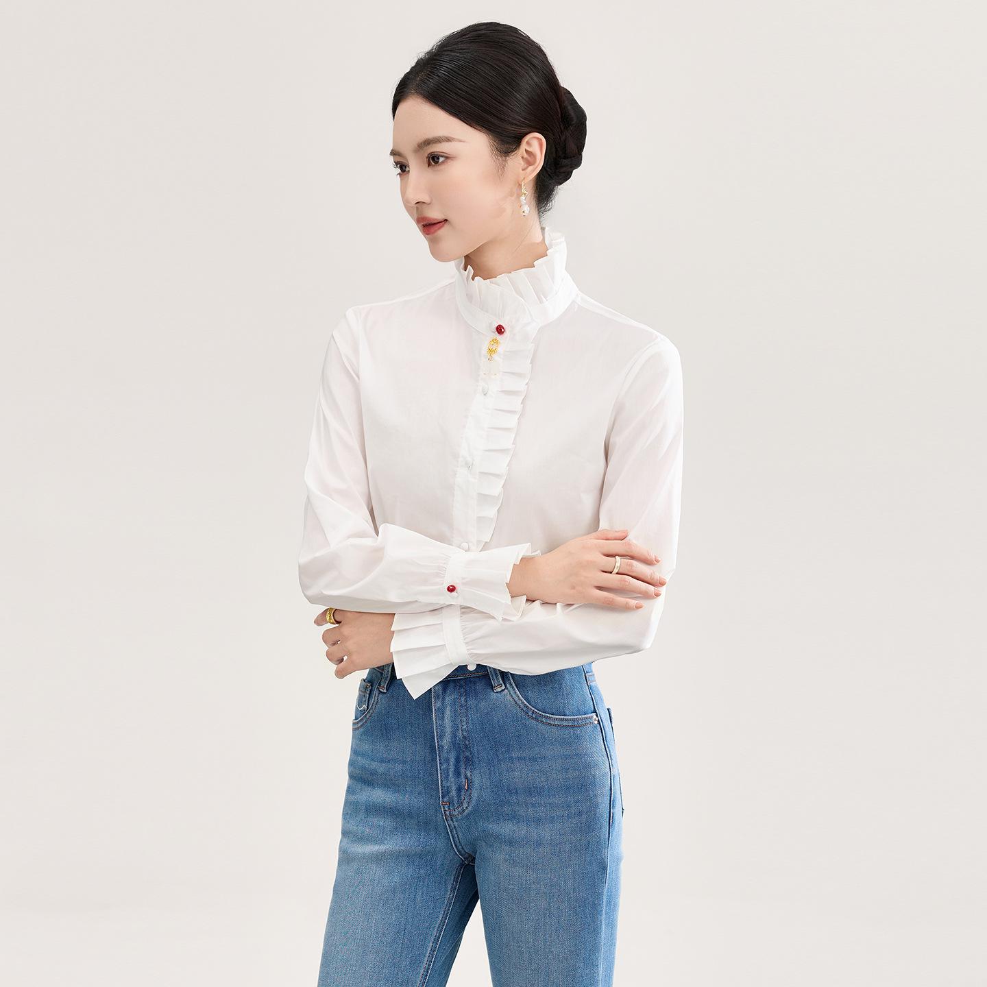 Женская рубашка из чистого хлопка, французский романтический стиль, с отделкой рюшами, длинный рукав, слегка расклешенный, весенний топ Large белый