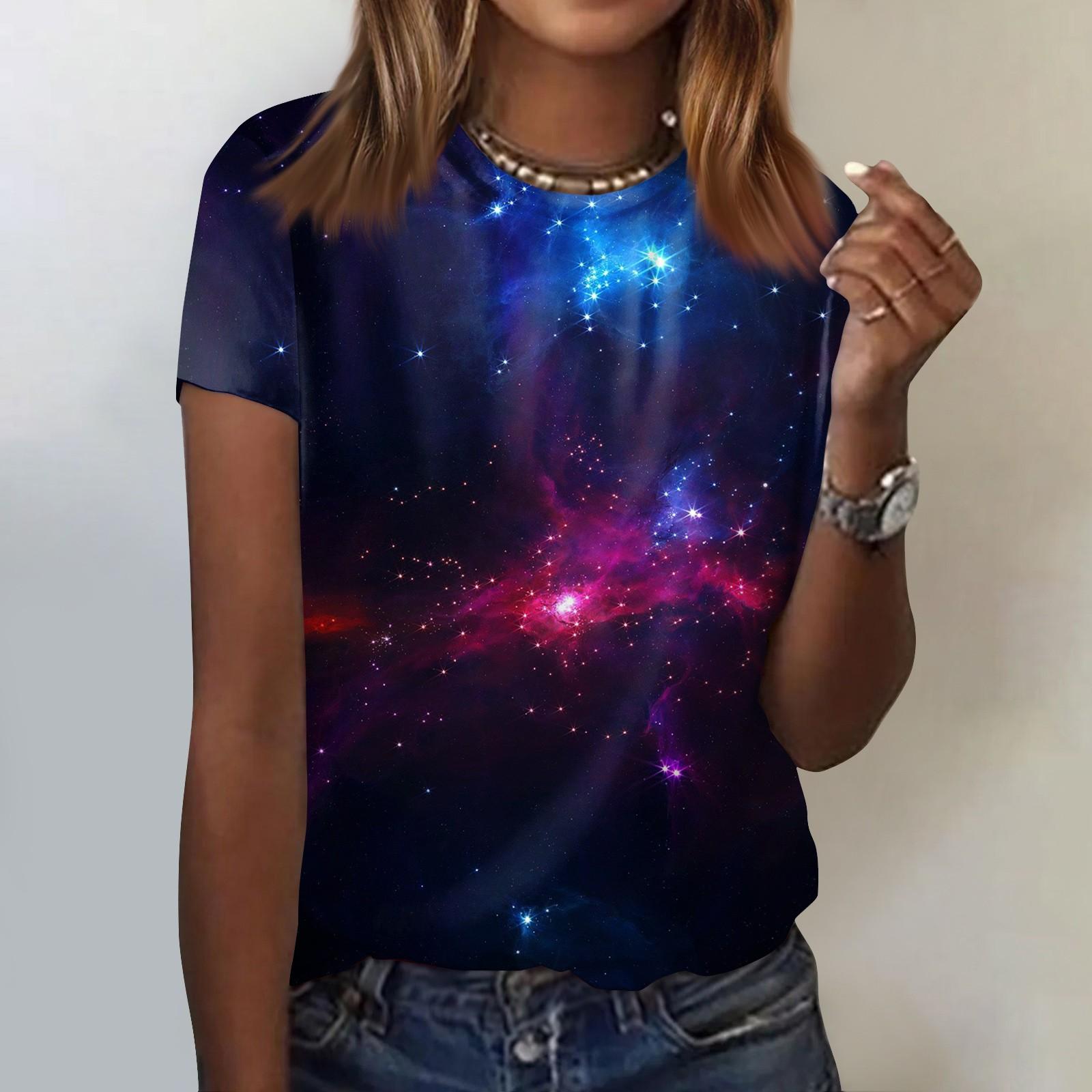 

Женская модная повседневная футболка с коротким рукавом и круглым вырезом с принтом Galaxy XXXL