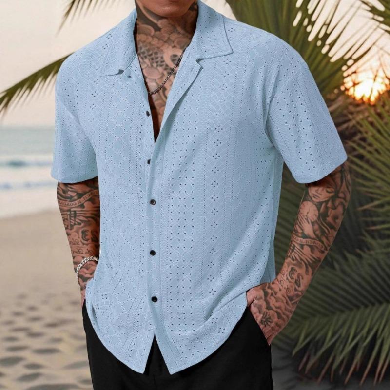 Spring Popular Men's Hollow Jacquard Short Sleeve Shirt Versatile Casual Breathable Comfortable Top