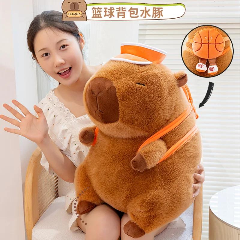Kawaii Removable Basketball Backpack Capybara Plush Doll Pillow Stuffed Animal Cartoon Capybara Plush Toy Gift Boys And Girls