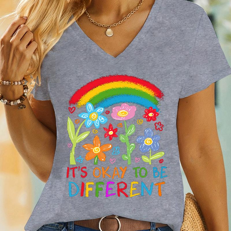 Regenbogen Neurodiversität T-Shirt Es ist Okay Anders zu Sein Süße Blumenhemden Design Autismus Bewusstsein T-Shirt Autismus Mama Retro T-Shirts