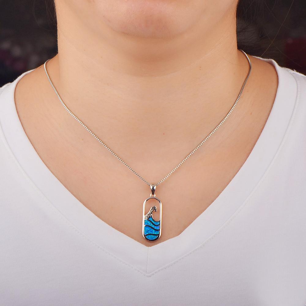 Ins Trendy Copper Hawaiian Blue Opal Wave Sweater Chain Necklace