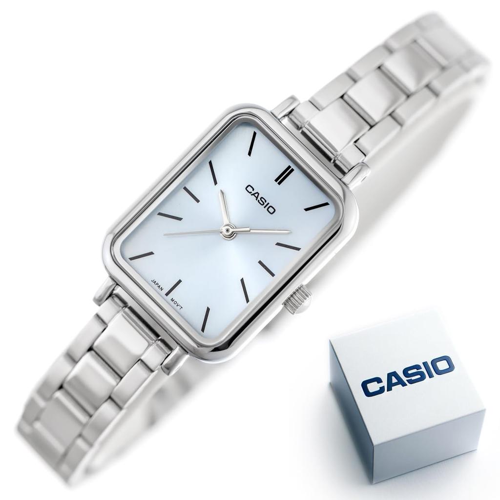 Casio LTP-V009D-2E Women's Rectangular Petite Stainless Steel Blue Dial Dress Watch, Blue