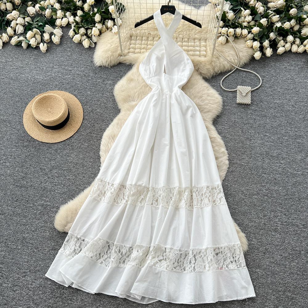 French holiday style white lace splicing neck dress women's pure desire high waist A word long dress elegant temperament