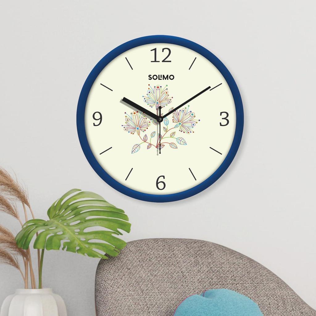 Plastic 11-Inch Classic & Modern and Stylish Flower Print Silent Movement Analog Wall Clock - Turquoise Blue