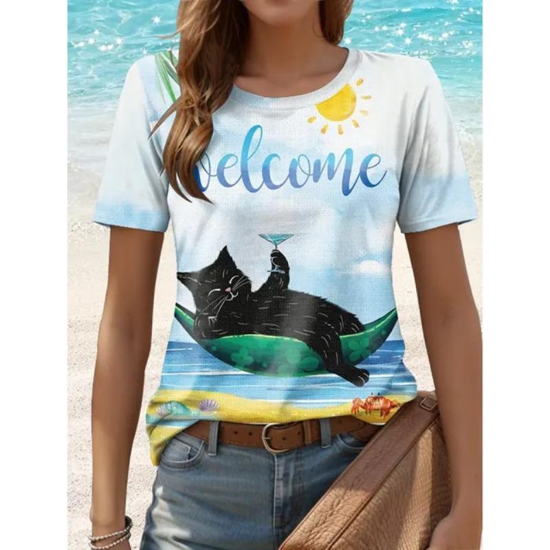 Camiseta de Verano para Mujer, Moda Casual Holgada Talla Grande con Estampado de Gato, Cuello Redondo, Manga Corta, 3D