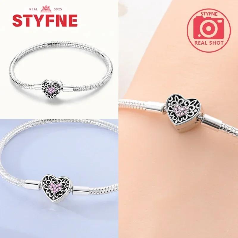 925 Silver Pink Heart Bracelet Shiny Zircon Fit Charms Silver 925 Bracelet DIY Jewelry Making Fine Gifts for Women