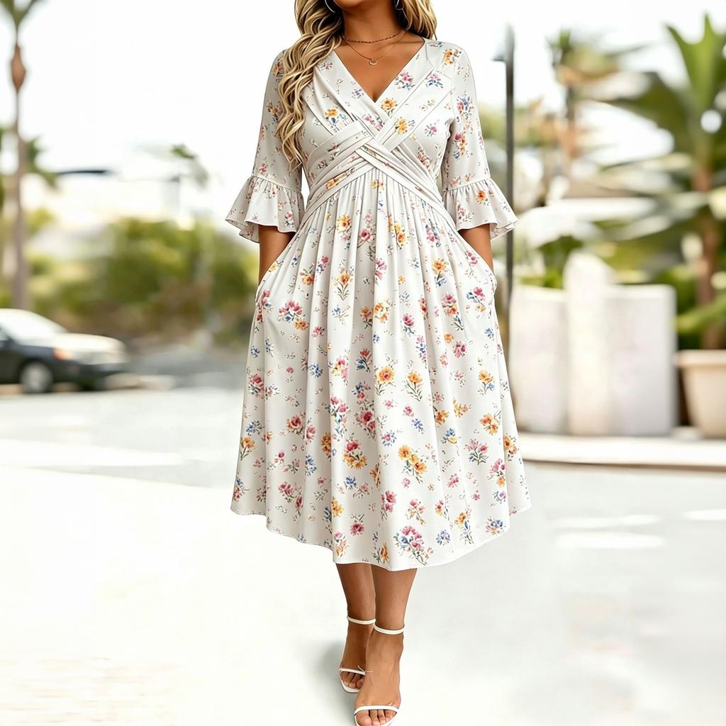 Robe Fleurie Évasée Manches 3/4 pour Femme avec Décolleté en V et Taille Cintrée Plissée Croisée