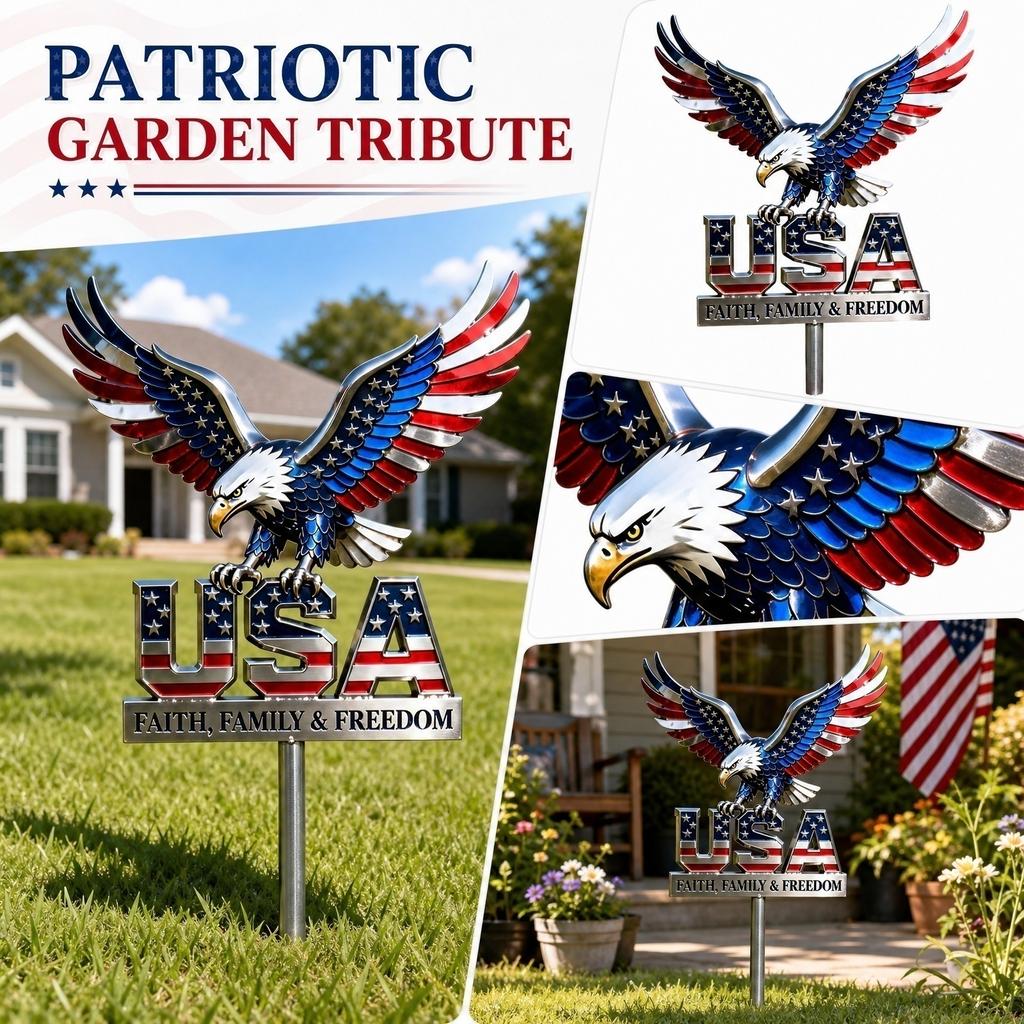 Metal Outdoor Garden Stake with Eagle and USA Design Featuring Faith Family and Freedom Text Suitable for Yard Decoration and Lawn Display