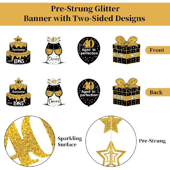 Pre-Strung Black Gold 40th Birthday Decorations for Men Women, Glitter Star Twinkle Number 40 Years Old Vintage 1985 Hanging Streamer Banner Happy
